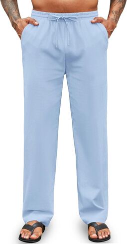 COOFANDY Men's Casual Cotton Pants Elastic Waist Drawstring Linen Beach Summer Pants Lightweight Yoga Trousers in Saudi Arabia