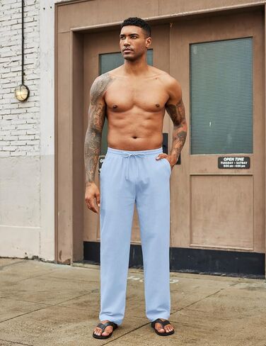 COOFANDY Men's Casual Cotton Pants Elastic Waist Drawstring Linen Beach Summer Pants Lightweight Yoga Trousers in Saudi Arabia