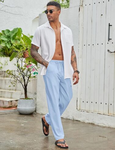 COOFANDY Men's Casual Cotton Pants Elastic Waist Drawstring Linen Beach Summer Pants Lightweight Yoga Trousers in Saudi Arabia