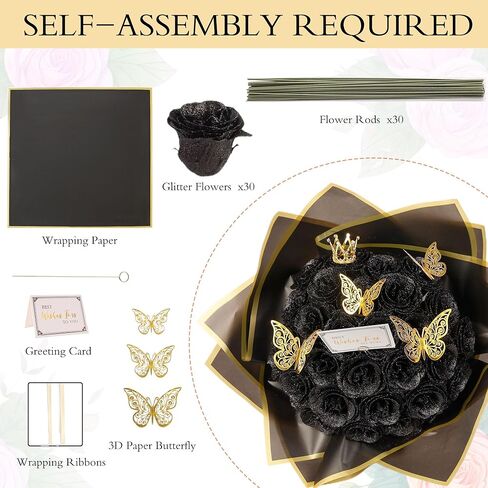 Pink Glitter Roses Bouquet, 30 Pcs DIY Fake Flowers Bouquet, Everlasting Shiny Artificial Rose Bouquet for Valentine's Day, Anniversary, Engagement, Wedding in Kuwait