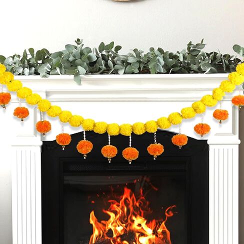 Fortuning's JDS Diwali Artificial Marigold Garland with Pearls Decor for Home Wedding Party Door Mantel Long Strands Marigold Flowers Hanging for All Year Decoration in Saudi Arabia
