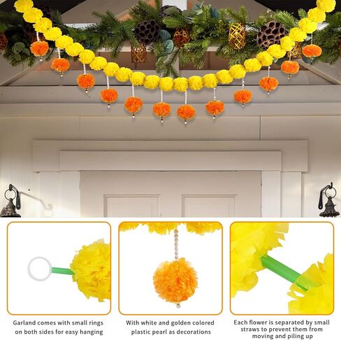 Fortuning's JDS Diwali Artificial Marigold Garland with Pearls Decor for Home Wedding Party Door Mantel Long Strands Marigold Flowers Hanging for All Year Decoration in Saudi Arabia