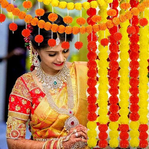 Fortuning's JDS Diwali Artificial Marigold Garland with Pearls Decor for Home Wedding Party Door Mantel Long Strands Marigold Flowers Hanging for All Year Decoration in Saudi Arabia