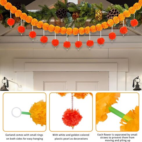 Fortuning's JDS Diwali Artificial Marigold Garland with Pearls Decor for Home Wedding Party Door Mantel Long Strands Marigold Flowers Hanging for All Year Decoration in Saudi Arabia