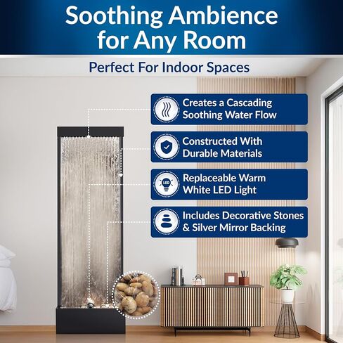 نافورة شلال زين بمرآة داخلية/خارجية بطول 48 بوصة من Alpine Corporation بالحجارة والأضواء، فضي in Kuwait