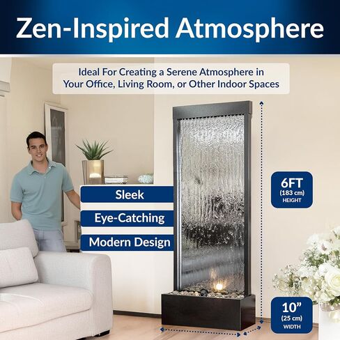 نافورة شلال زين بمرآة داخلية/خارجية بطول 48 بوصة من Alpine Corporation بالحجارة والأضواء، فضي in Kuwait