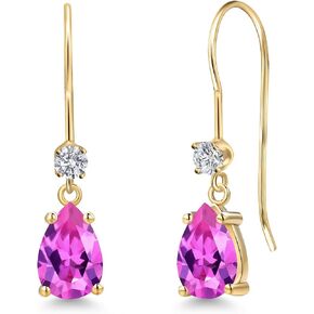 Gem Stone King 14K Yellow Gold Gemstone Birthstone and Lab Grown Diamond French Wire Dangle Hook Earrings for Women | Pear Shape 7X5MM and Round 2.5MM | Fine Jewelry for Her Mom Women Wife in Kuwait