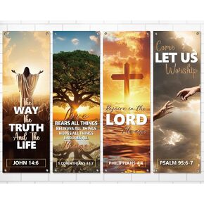 لافتات الكنيسة 4pcs لجدار الحرم ترحيب لافتات دينية ملهمة معلقة خلفية لافتة كنيسة الزهور مع مكتبات الكتاب المقدس لافتة رائعة لعطلة ديكور مدرسة العطلات in Kuwait