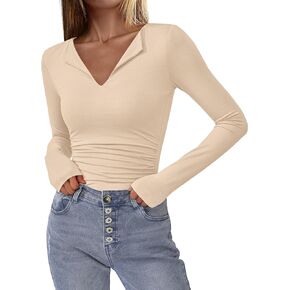 BTFBM Long Sleeve Shirts for Women 2025 Fall Fashion V Neck Knit Ruched Slim Fit Casual Basic Tees Going Out Tops Y2k in Saudi Arabia