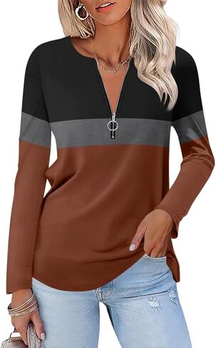 ORANDESIGNE Women's Long Sleeve Shirts Color Block Zipper Tops Tunics Casual Fall Ladies Tees in Kuwait