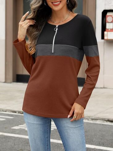ORANDESIGNE Women's Long Sleeve Shirts Color Block Zipper Tops Tunics Casual Fall Ladies Tees in Kuwait