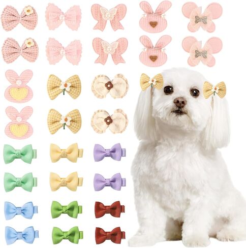 54pcs أقواس شعر الكلب مع عصابات مطاطية ، وأقواس شعر الكلب متعددة الألوان ، أليفة بيضاء للاستمتاع بوكونت مع مقاطع شعر عظمية نار لتجسس جرو كات in Kuwait