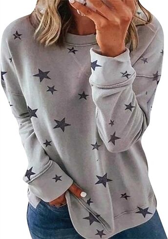 FLITAY Women’s Crew Neck Pullover Shirt Tunic Tops Star Printed Long Sleeve Sweatshirt in Saudi Arabia