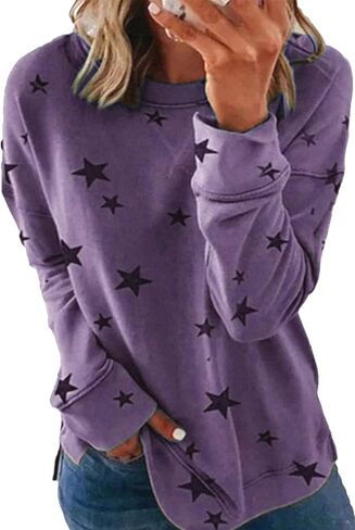 FLITAY Women’s Crew Neck Pullover Shirt Tunic Tops Star Printed Long Sleeve Sweatshirt in Saudi Arabia