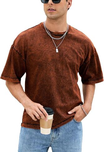 Men's Oversized Cotton T-Shirts, Vintage Washed Short Sleeve Tee, Loose Casual Tops Unisex Solid Basic Shirts Orange in Saudi Arabia