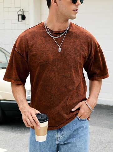 Men's Oversized Cotton T-Shirts, Vintage Washed Short Sleeve Tee, Loose Casual Tops Unisex Solid Basic Shirts Orange in Saudi Arabia