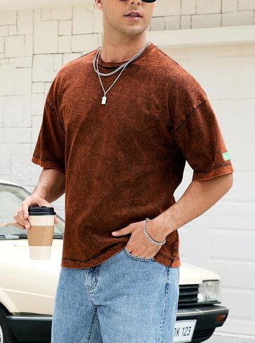 Men's Oversized Cotton T-Shirts, Vintage Washed Short Sleeve Tee, Loose Casual Tops Unisex Solid Basic Shirts Orange in Saudi Arabia
