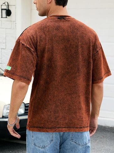 Men's Oversized Cotton T-Shirts, Vintage Washed Short Sleeve Tee, Loose Casual Tops Unisex Solid Basic Shirts Orange in Saudi Arabia