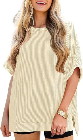 Tankaneo Womens Oversized T Shirts Summer Casual Loose Fit Striped Knit Batwing Sleeves Tunic Tops in Saudi Arabia