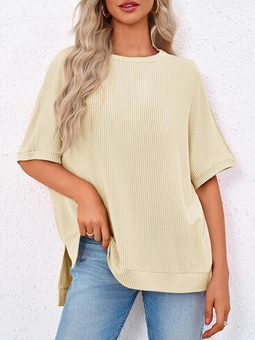 Tankaneo Womens Oversized T Shirts Summer Casual Loose Fit Striped Knit Batwing Sleeves Tunic Tops in Saudi Arabia