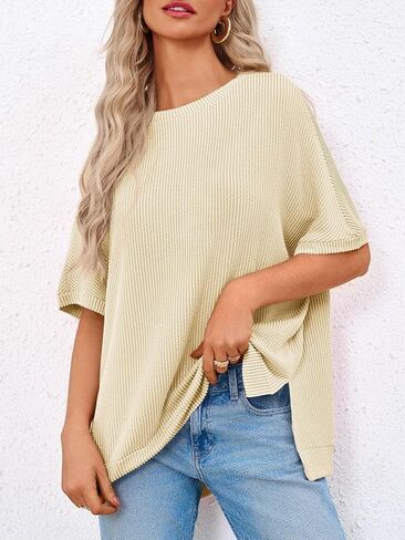 Tankaneo Womens Oversized T Shirts Summer Casual Loose Fit Striped Knit Batwing Sleeves Tunic Tops in Saudi Arabia