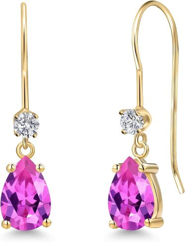 Gem Stone King 14K Yellow Gold Gemstone Birthstone and Lab Grown Diamond French Wire Dangle Hook Earrings for Women | Pear Shape 7X5MM and Round 2.5MM | Fine Jewelry for Her Mom Women Wife in Saudi Arabia