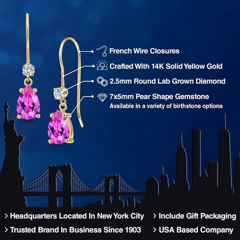 Gem Stone King 14K Yellow Gold Gemstone Birthstone and Lab Grown Diamond French Wire Dangle Hook Earrings for Women | Pear Shape 7X5MM and Round 2.5MM | Fine Jewelry for Her Mom Women Wife in Saudi Arabia