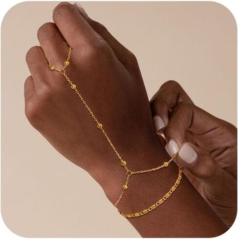 Gold & Silver Hand Chain Bracelet Set for Women Ring Bracelet CZ Beaded Layer Snake Link Chain Finger Jewelry Adjustable Hypoallergenic Trendy Hand Jewelry for Everyday Wear in Kuwait