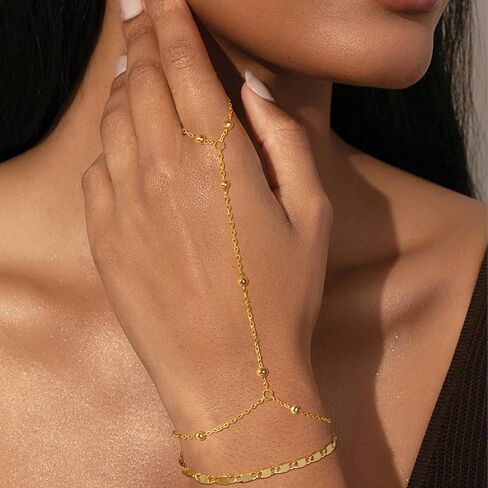 Gold & Silver Hand Chain Bracelet Set for Women Ring Bracelet CZ Beaded Layer Snake Link Chain Finger Jewelry Adjustable Hypoallergenic Trendy Hand Jewelry for Everyday Wear in Kuwait