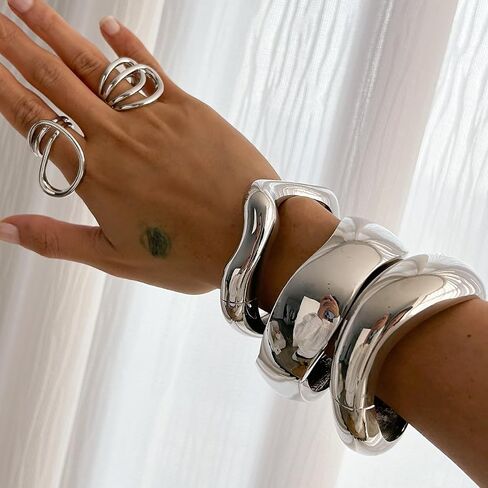 Gold Bangle Bracelets for Women Trendy Chunky Wide Cuff Stackable Bangles Irregular Minimalist Jewelry Accessories in Saudi Arabia