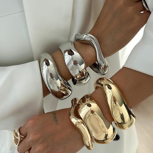 Gold Bangle Bracelets for Women Trendy Chunky Wide Cuff Stackable Bangles Irregular Minimalist Jewelry Accessories in Kuwait