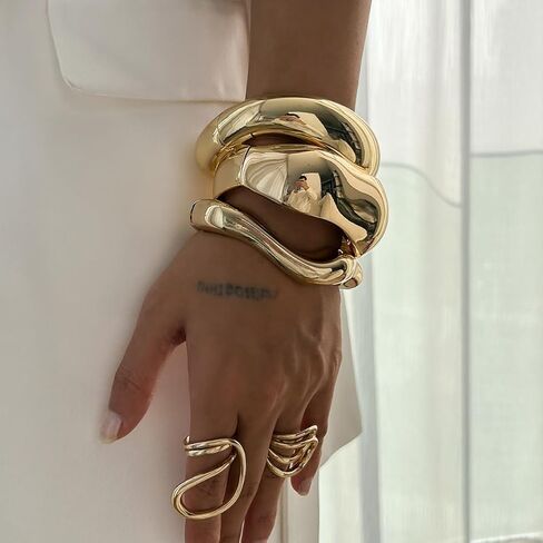 Gold Bangle Bracelets for Women Trendy Chunky Wide Cuff Stackable Bangles Irregular Minimalist Jewelry Accessories in Kuwait