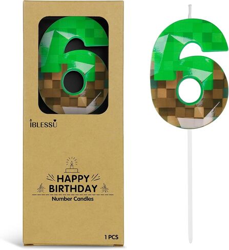 رقم 6 شمعة عيد ميلاد Green Pixel ، 2.68 بوصة شموع عمال عمال منجم أخضر ، ولعبة تزيين عيد ميلاد الشموع ذات طابع الشمعة لموضوع البكسل ذكرى عيد ميلاد حفلة فيديو ديناميت in Kuwait