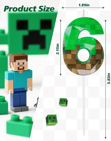 رقم 6 شمعة عيد ميلاد Green Pixel ، 2.68 بوصة شموع عمال عمال منجم أخضر ، ولعبة تزيين عيد ميلاد الشموع ذات طابع الشمعة لموضوع البكسل ذكرى عيد ميلاد حفلة فيديو ديناميت in Kuwait