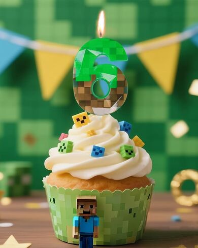 رقم 6 شمعة عيد ميلاد Green Pixel ، 2.68 بوصة شموع عمال عمال منجم أخضر ، ولعبة تزيين عيد ميلاد الشموع ذات طابع الشمعة لموضوع البكسل ذكرى عيد ميلاد حفلة فيديو ديناميت in Kuwait