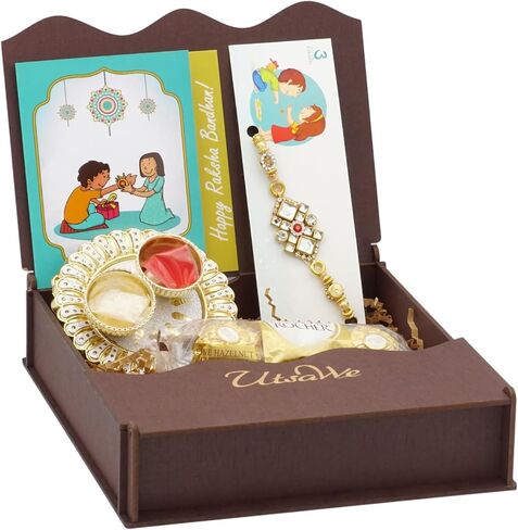Rakhi Gift Box | Rakhi Gift Hamper made with a Nice Zardosi Rakhi, Roli, Chaval, Mini Thali Set, Greeting Card, and Chocolates | Rakhi Gift Set | Bhaiya Rakhi | Zardosi Rakhi Set (Zardosi Rakhi 2) in Saudi Arabia