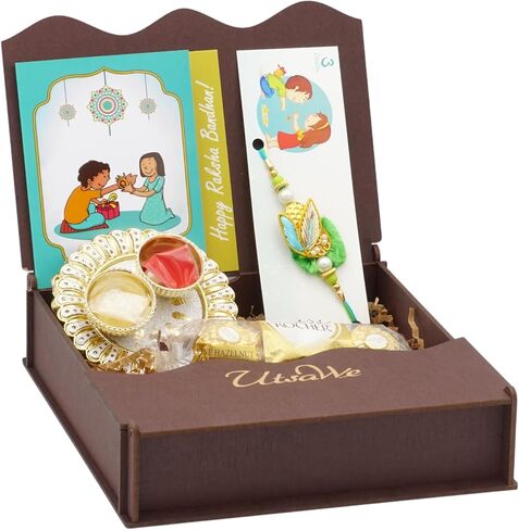 Rakhi Gift Box | Rakhi Gift Hamper made with a Nice Zardosi Rakhi, Roli, Chaval, Mini Thali Set, Greeting Card, and Chocolates | Rakhi Gift Set | Bhaiya Rakhi | Zardosi Rakhi Set (Zardosi Rakhi 2) in Saudi Arabia