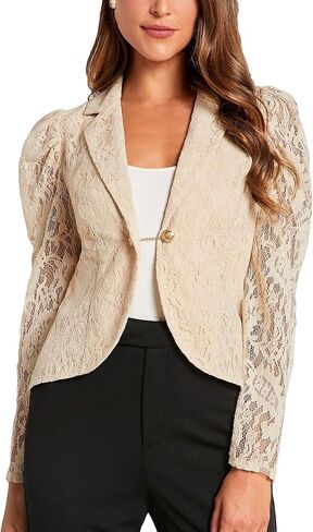 WDIRARA Women's Floral Lace Lapel Neck Single Button Long Puff Sleeve Sheer Elegant Blazer in Saudi Arabia