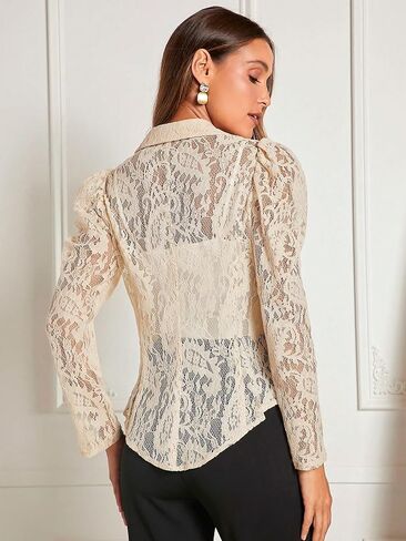 WDIRARA Women's Floral Lace Lapel Neck Single Button Long Puff Sleeve Sheer Elegant Blazer in Saudi Arabia