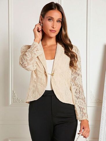 WDIRARA Women's Floral Lace Lapel Neck Single Button Long Puff Sleeve Sheer Elegant Blazer in Saudi Arabia