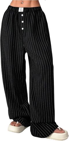 Oyoangle Women's Women Wide Wide Leg Pants مرنة الزر الزر العمل in Saudi Arabia