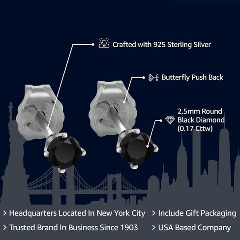 Gem Stone King 925 Sterling Silver Black Diamond Stud Earrings For Women Men | 0.17 Carat Cttw | Round 2.5MM in Saudi Arabia