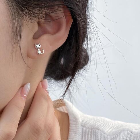 Cute 20g Cat S925 Sterling Silver Screw Back Cartilage Small Stud Earrings for Women Minimalist Lovely Pet Animal Tiny Helix Sleeper Earring Studs Nickel Free Hypoallergenic Jewelry Gifts in Saudi Arabia