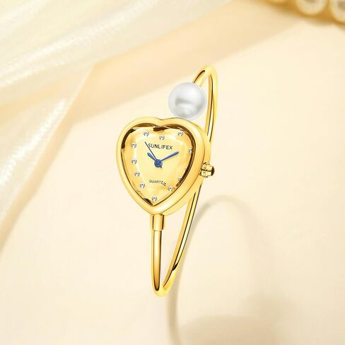 MASTOP Heart Shaped Watches for Women Dainty Gold and Silver Bangle Bracelet Watch with Pearl Diamond Accent Small Wrist Dress Watches in Saudi Arabia