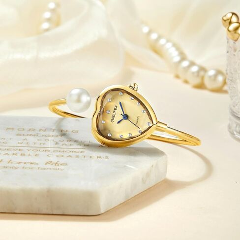 MASTOP Heart Shaped Watches for Women Dainty Gold and Silver Bangle Bracelet Watch with Pearl Diamond Accent Small Wrist Dress Watches in Saudi Arabia