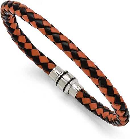 Stainless Steel Polished Black IP Black/Orange Woven Leather Bracelet (6mm) in Saudi Arabia
