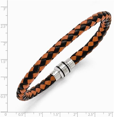 Stainless Steel Polished Black IP Black/Orange Woven Leather Bracelet (6mm) in Saudi Arabia