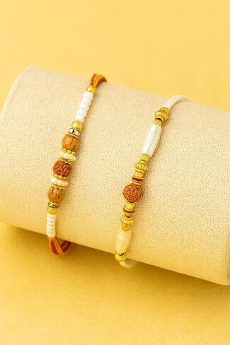 Traditional Rudraksha Rakhi for Men – Set of 2 with Artificial Pearls and Beads – Spiritual Rakhi Threads in Saudi Arabia