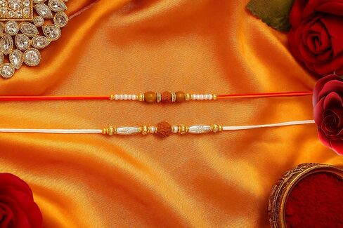 Traditional Rudraksha Rakhi for Men – Set of 2 with Artificial Pearls and Beads – Spiritual Rakhi Threads in Saudi Arabia