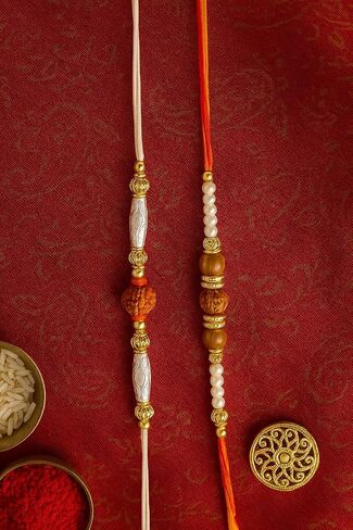 Traditional Rudraksha Rakhi for Men – Set of 2 with Artificial Pearls and Beads – Spiritual Rakhi Threads in Saudi Arabia
